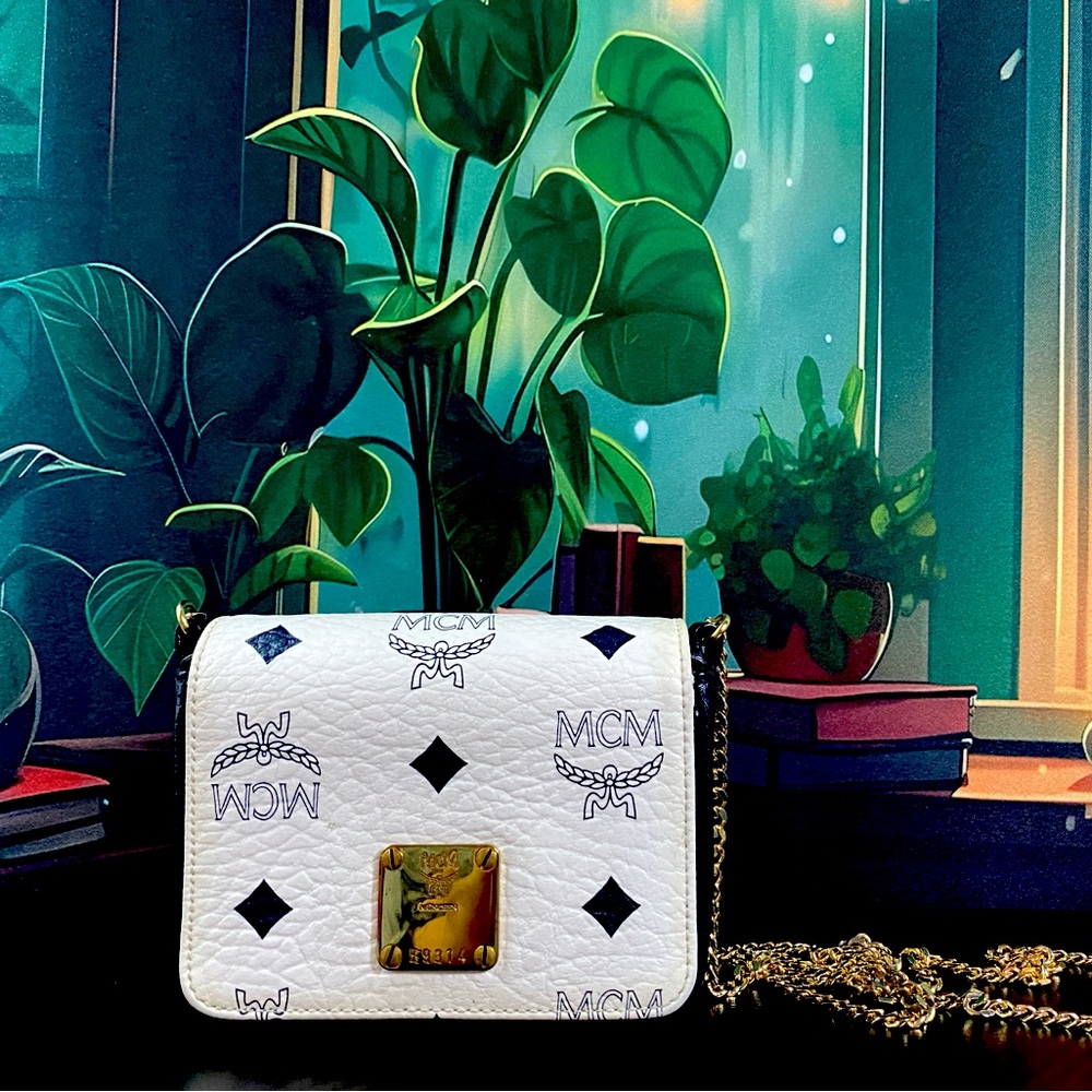 MCM White Monogram Visetos Mini Gold Chain CrossBody Bag